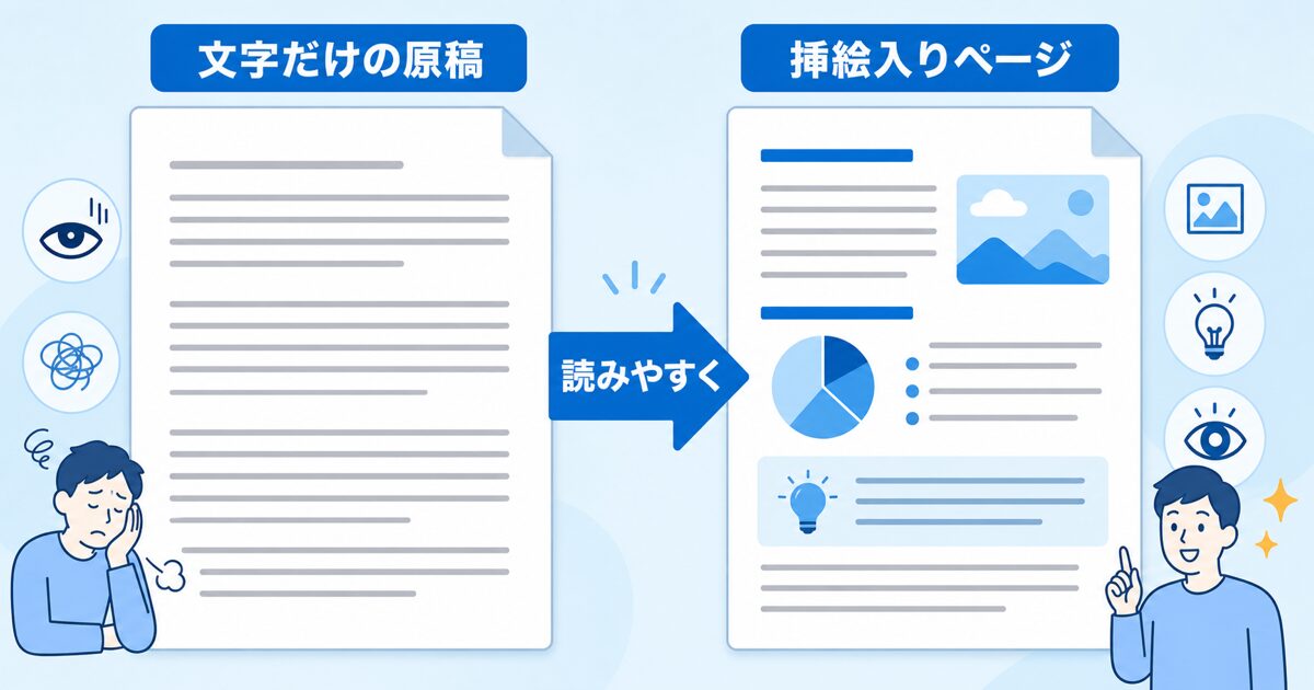 文字だけの原稿ページと、挿絵が入ったページを並べて比較するイメージ図