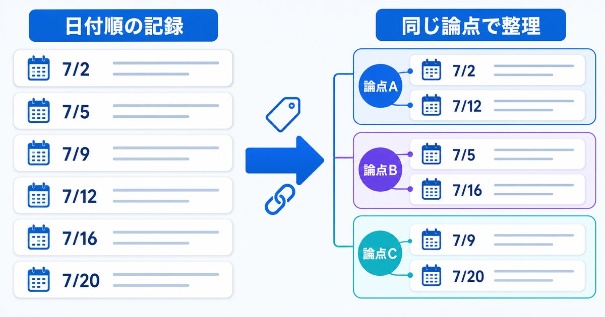 日付順に並んだ複数の記録カードのうち、実は同じ論点を指すものが色分けでまとまっていく様子を示す図解