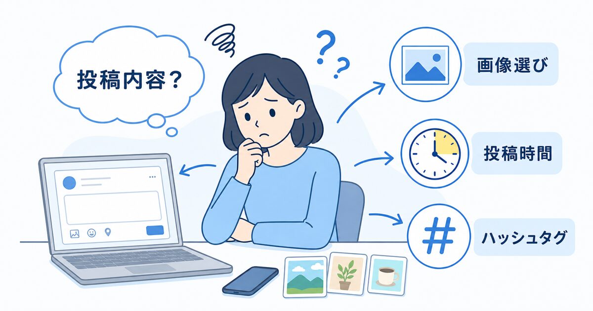 ノートPCの前でSNS投稿の準備をしながら困っている様子のイメージ