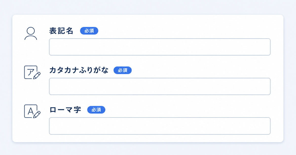 KDPの著者情報入力欄をイメージした説明用の図解。実際のスクリーンショットではなく、「表記名」「カタカナふりがな」「ローマ字」という3つの入力ボックスが縦に並び、それぞれに『必須』のラベルが付いている様子を、落ち着いたトーンでシンプルに描いたもの。文字は日本語、装飾は最小限