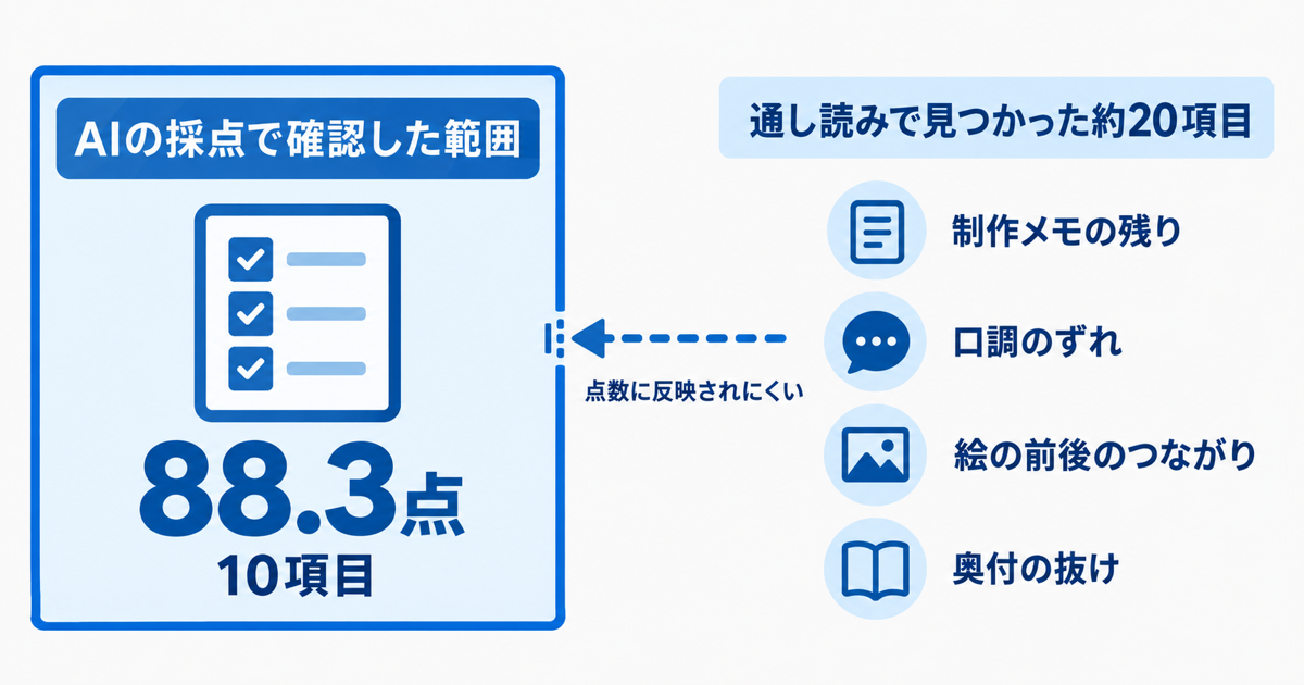 AIの採点（10項目・88.3点）で確認した範囲を示す枠と、その枠の外側に「制作メモの残り」「口調のずれ」「絵の前後のつながり」「奥付の抜け」の4つが並び、通し読みで見つかった約20項目が点数に反映されにくい位置にあることを示すシンプルな図解