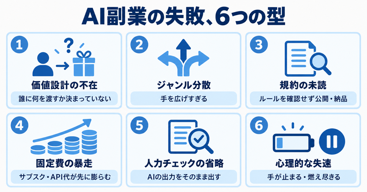 「AI副業の失敗、6つの型」というタイトルの図。6つのカードを2行×3列で並べる。①価値設計の不在(誰に何を渡すか決まっていない)②ジャンル分散(手を広げすぎる)③規約の未読(ルールを確認せず公開・納品)④固定費の暴走(サブスク・API代が先に膨らむ)⑤人力チェックの省略(AIの出力をそのまま出す)⑥心理的な失速(手が止まる・燃え尽きる)。各カードに番号と短いラベル、下に一行の説明。日本語ラベル、ゴシック体、落ち着いたブランドカラー、白背景、怖がらせない穏やかなトーン